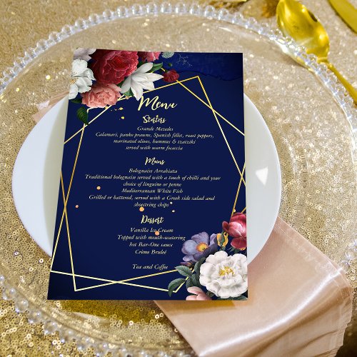 Navy blue burgundy roses wedding menu 