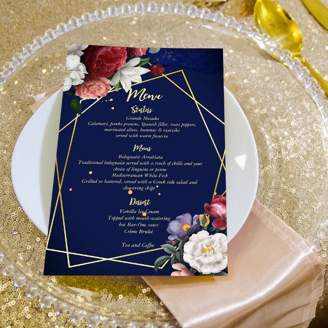 Navy blue burgundy roses wedding menu  (Creator Uploaded)