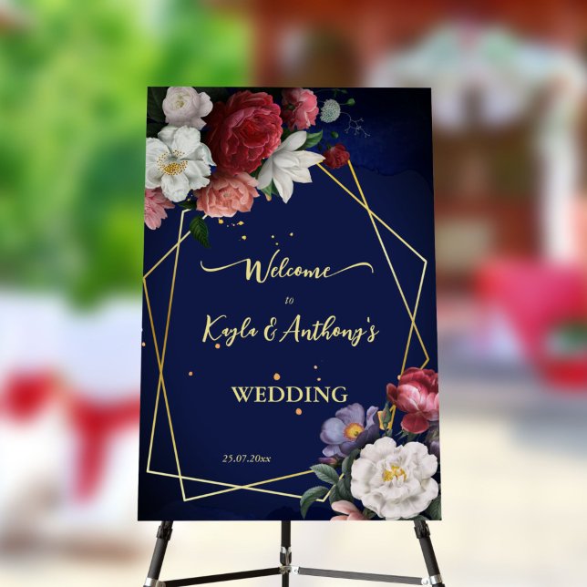 Navy blue burgundy roses wedding welcome sign (Creator Uploaded)