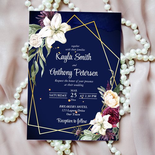 Navy blue burgundy roses white lily wedding invite