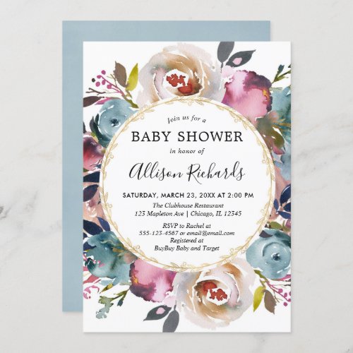 Navy blue burgundy rustic floral baby shower invitation