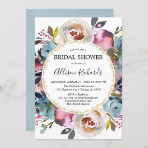 Navy blue burgundy rustic floral bridal shower invitation