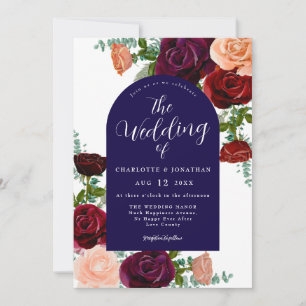 Navy Blue Burgundy Rustic Floral Fall Wedding Invitation