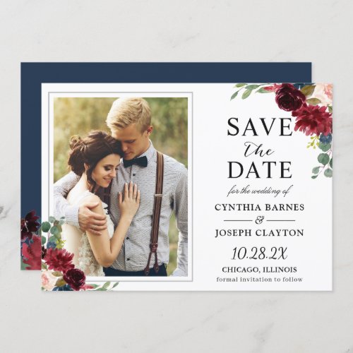 Navy Blue Burgundy Rustic Floral Photo Wedding Save The Date