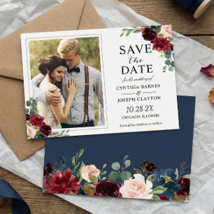 Navy Blue Burgundy Rustic Floral Photo Wedding Save The Date