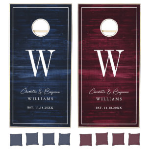 Navy Blue Burgundy Rustic Wood Monogram Wedding Cornhole Set