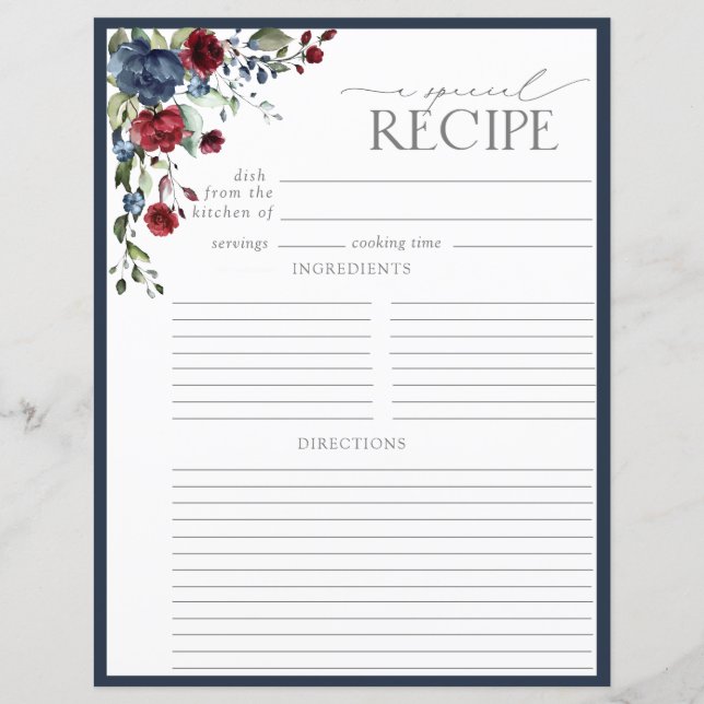 Navy Blue Burgundy Shower Recipe Binder Page (Front)