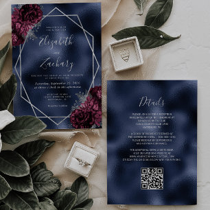Navy Blue Burgundy Silver Floral QR Code Wedding Invitation