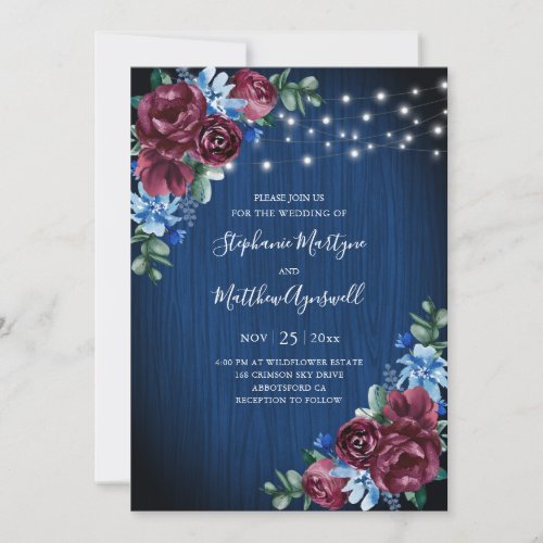 Navy Blue Burgundy String Lights Floral Wedding Invitation