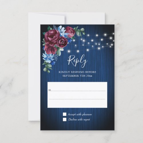 Navy Blue Burgundy String Lights Floral Wedding RSVP Card