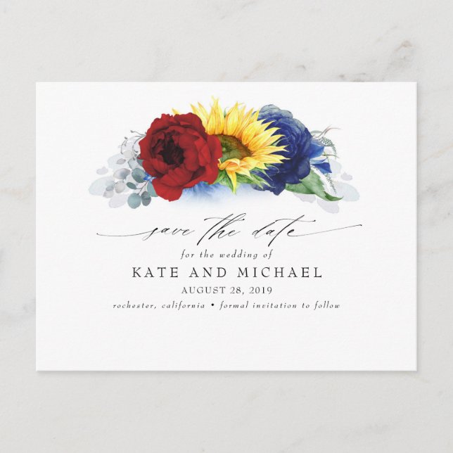 Navy Blue Burgundy Sunflower Yellow Save the Date Postcard (Front)