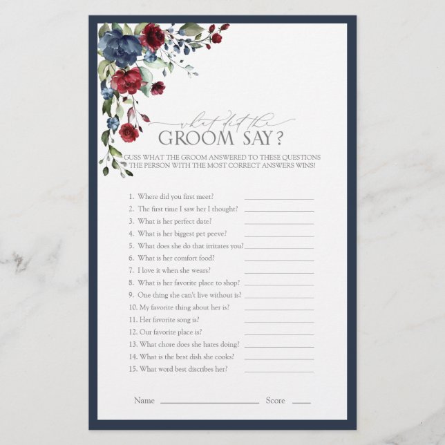 Navy Blue Burgundy Watercolor Bridal Shower Game (Front)