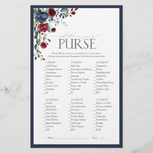 Navy Blue Burgundy Watercolor Bridal Shower Game