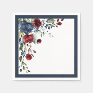 Navy Blue Burgundy Watercolor Floral Bridal Shower Napkins