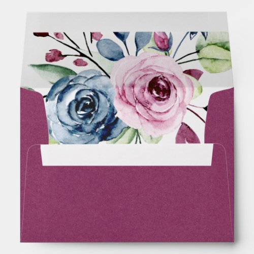 Navy Blue Burgundy Watercolor Floral Wedding Envelope