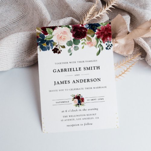 navy blue  burgundy watercolor floral wedding invitation