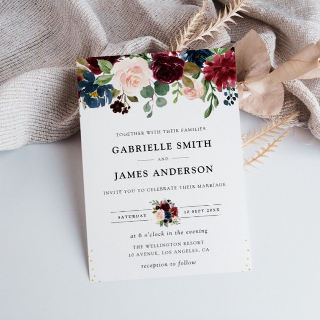 navy blue & burgundy watercolor floral wedding invitation (Creator Uploaded)