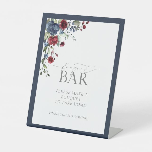 Navy Blue Burgundy Watercolor Shower Bouquet Bar Pedestal Sign (Front)