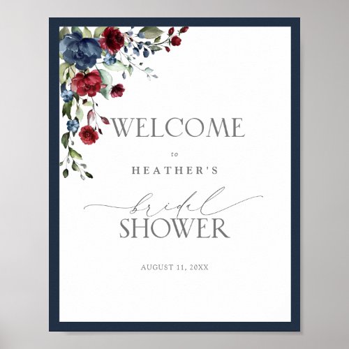 Navy Blue Burgundy Watercolor Shower Welcome Poster