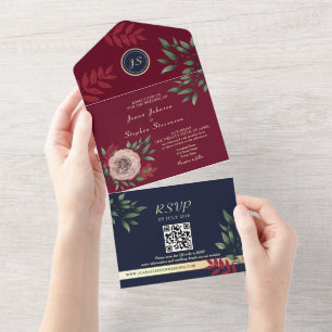 Navy Blue Burgundy Wedding QR Code All In One Invitation