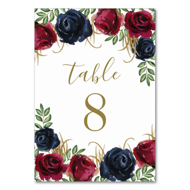 Navy Blue Burgundy Wedding Table Number Cards (Front)