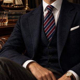 Navy Blue Burgundy White Diagonal Striped Neck Tie