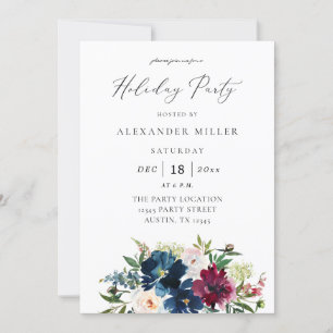 Navy Blue, Burgundy & White Floral Holiday Party Invitation