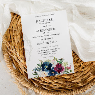 Navy Blue, Burgundy & White Floral Wedding Invitation