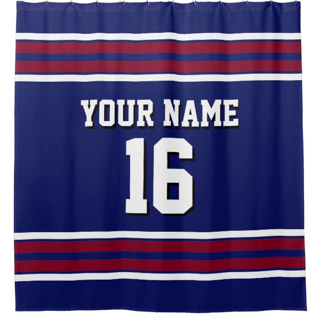 Navy Blue Burgundy White Stripes Sports Jersey Shower Curtain (Front)
