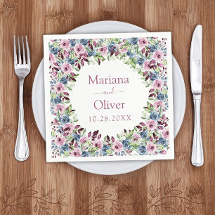 Navy Blue Burgundy Wine Watercolor Floral Wedding  Napkins