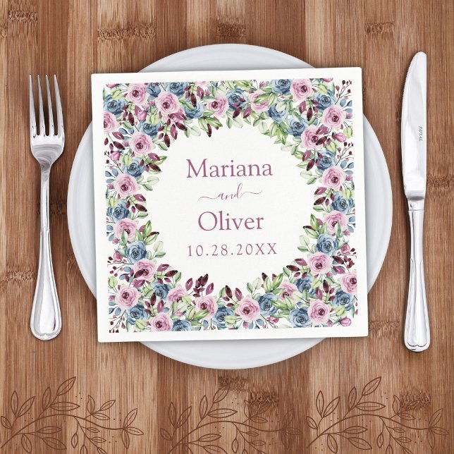 Navy Blue Burgundy Wine Watercolor Floral Wedding  Napkins (Creator Uploaded)