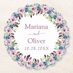 Navy Blue Burgundy Wine Watercolor Floral Wedding Paper Coaster