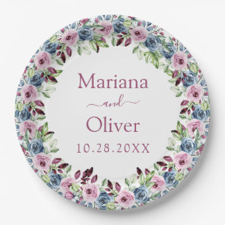 Navy Blue Burgundy Wine Watercolor Floral Wedding Paper Plates