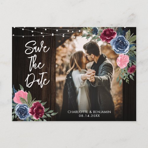 Navy Blue Burgundy Wood Floral Photo Save The Date Postcard