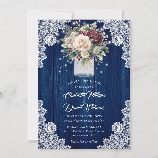 Navy Blue Burgundy Wood Mason Jar Floral Wedding Invitation (Front)