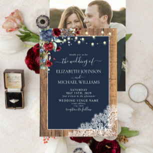 Navy Blue Burgundy Wood Script Lace Photo Wedding Invitation