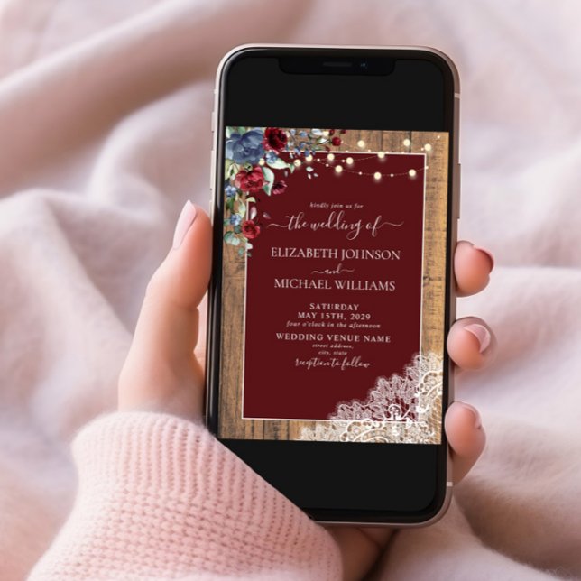 Navy Blue Burgundy Wood Script Lace Photo Wedding Invitation (Creator Uploaded)