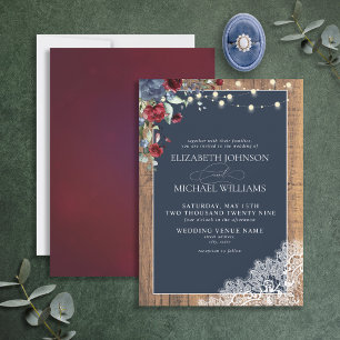 Navy Blue Burgundy Wood Script Lace Wedding Invit Invitation