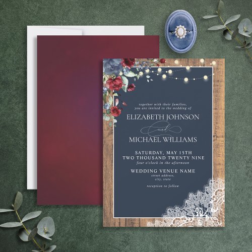 Navy Blue Burgundy Wood Script Lace Wedding  Invit Invitation