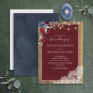 Navy Blue Burgundy Wood Script Lace Wedding Invitation
