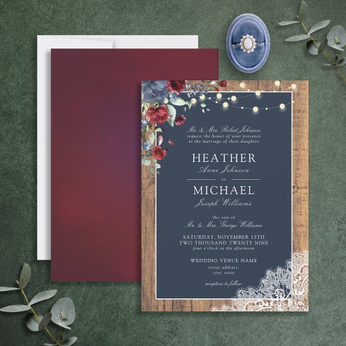 Navy Blue Burgundy Wood Script Lace Wedding   Invitation