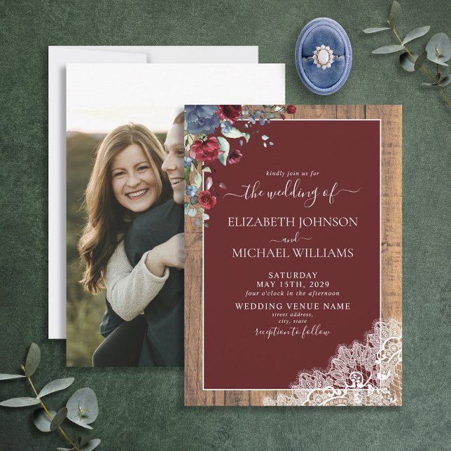 Navy Blue Burgundy Wood Script Photo Wedding Invitation (Creator Uploaded)