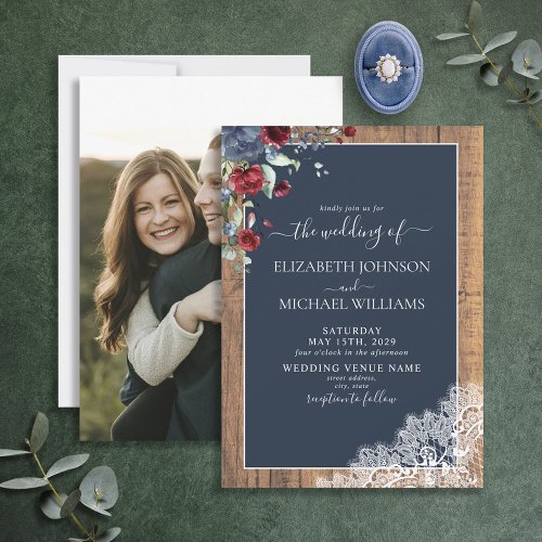 Navy Blue Burgundy Wood Script Photo Wedding Invitation