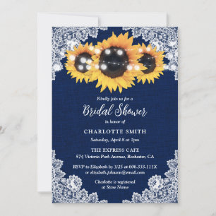 Navy Blue Burlap and Lace Sunflower Bridal Shower Invitation