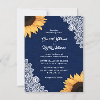 Navy Blue Burlap and Lace Sunflower Wedding Invitation