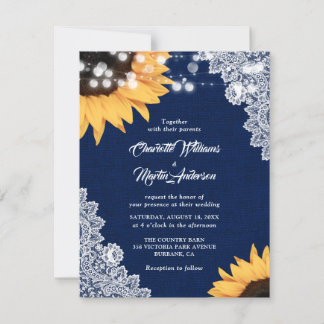 Navy Blue Burlap and Lace Sunflower Wedding Invitation