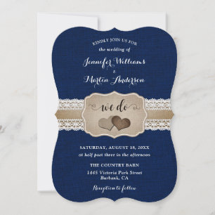 Navy Blue Burlap and Lace Wedding Invitation