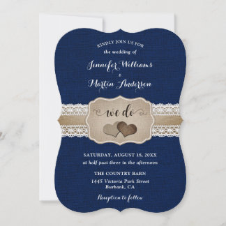 Navy Blue Burlap and Lace Wedding Invitation