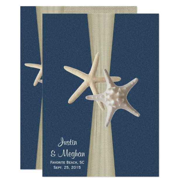 Navy Blue Burlap And Starfish Beach Wedding Invitation