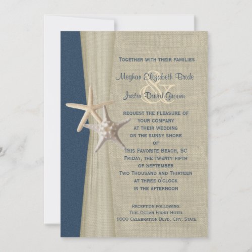 Navy Blue Burlap and Starfish Beach Wedding Card